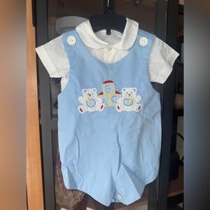 Vintage 1980s Teddy bears block jon jon romper shortall bubble baby boy applique
